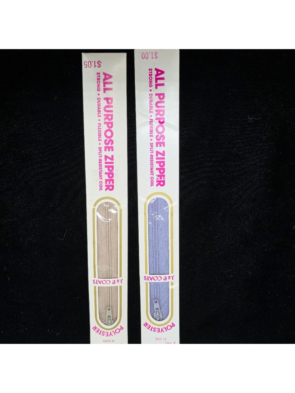 J&P Coats Polyester Zippers 7" Lilac & 14" Ecru Vintage NIB